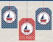 Nautical  Luggage Style Favor Tags-Thank You-Navy Red-Sailboat DIY-Print Your Own