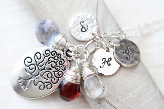 Mothers Necklace, Family Tree Necklace, Hand Stamped Necklace, Personalized Necklace with Three Initials, 3 Gemstones, Wire Wrapped