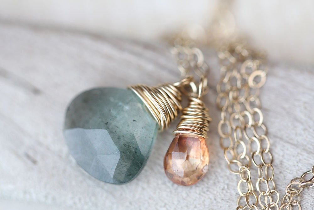 Moss Aquamarine Necklace, Mossy Aquamarine Gold Necklace, Topaz Necklace, Wire Wrapped, Aquamarine Necklace, Birthstone Necklace