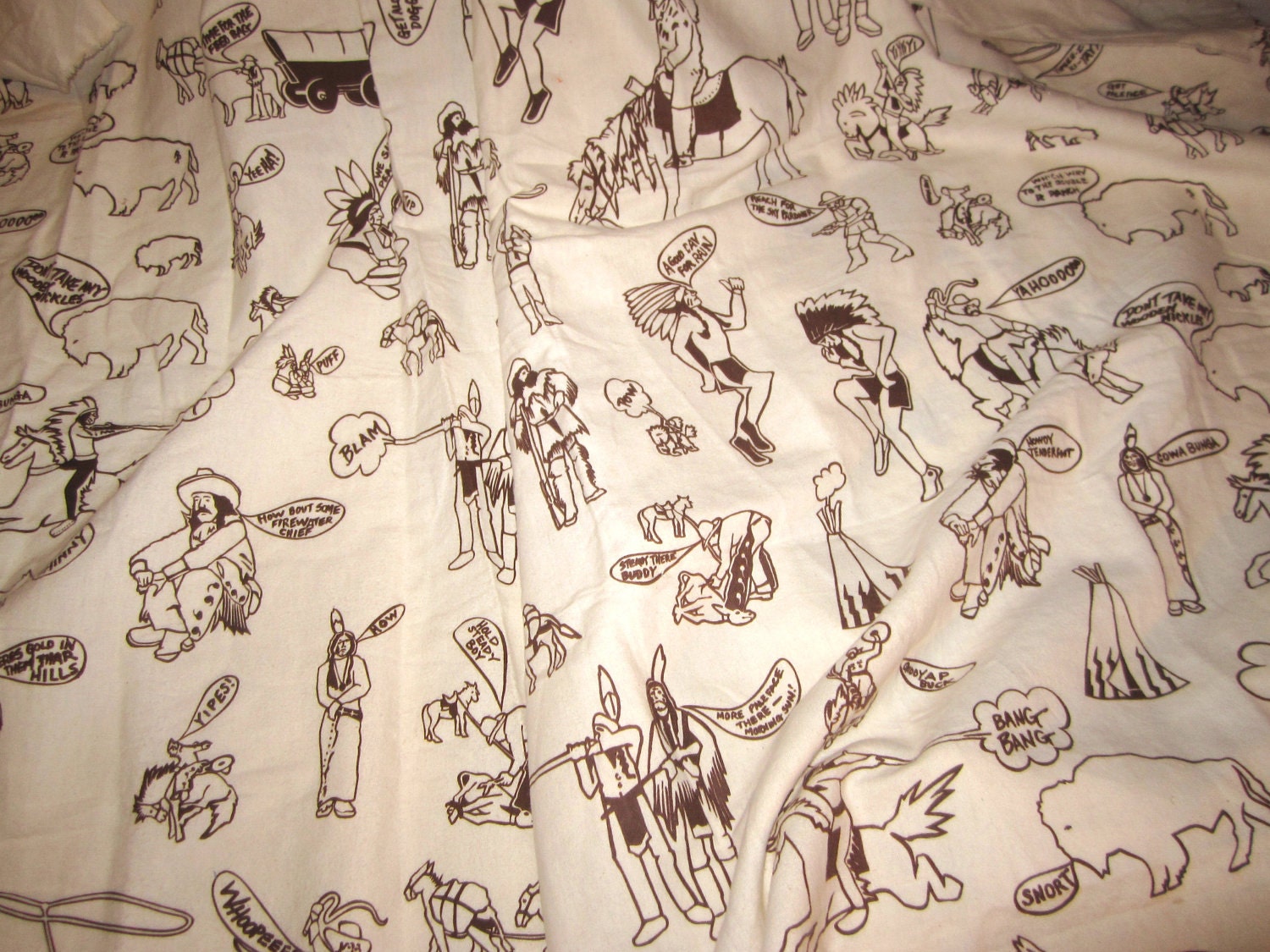 Vintage Fabric Flannel Cowboys & Indians - Western Theme w Crazy Conversations - 48" wide 2 Separate 1yd pieces plus extra salvage
