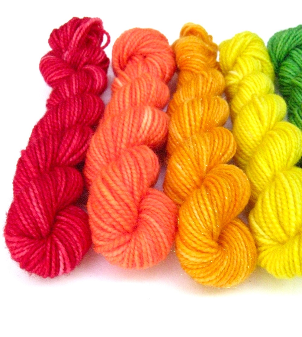 Hand Dyed Yarn - Superwash Merino, 10 Classic Sock Yarn Mini Skeins in Summer Rainbow - Last Set, In Stock.