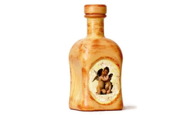 OOAK Decorative Bottle, Wedding Decor, Upcycled Art Bottle, Cherub Love Angels, Honey gold, Easter Home Decor , oht Autumn colors