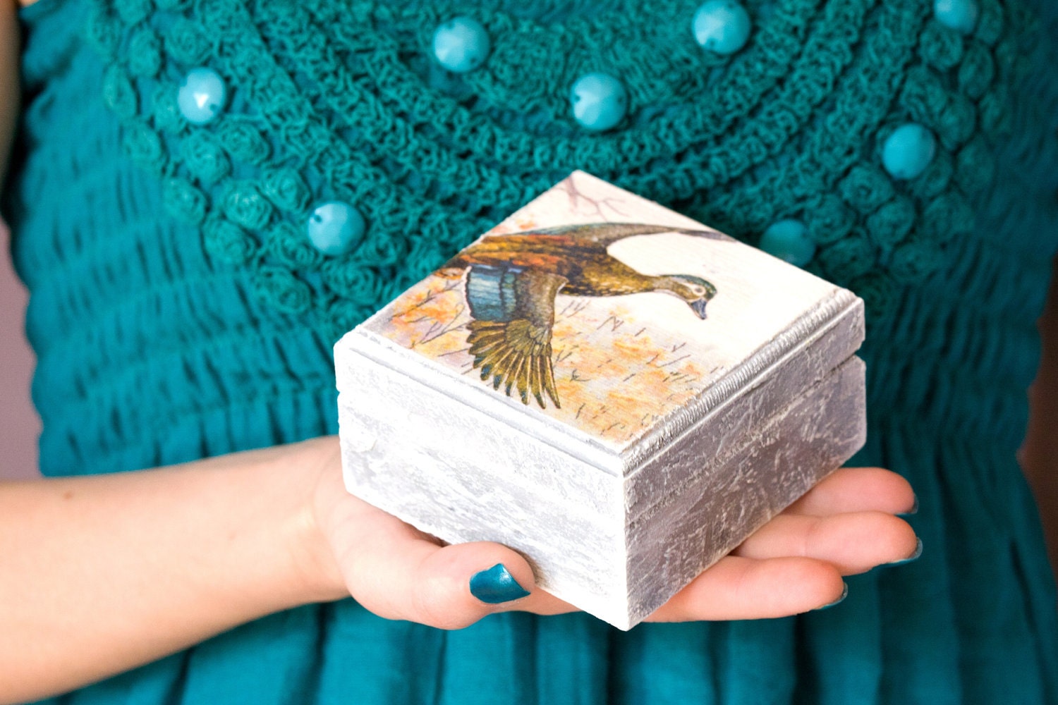Free as a Bird - Jewelry Box, Gray Art Mallard Duck box, Woodland, Proposal Box, Jewelry wood Box, Wedding Pillow Box, Gift for her, ohtteam