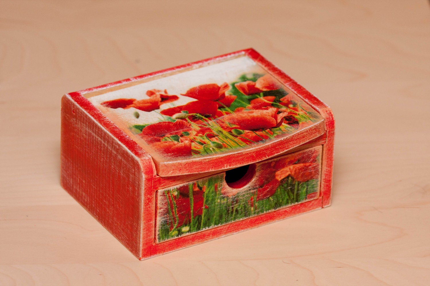 Poppy Jewelry Chest, Decoupage Mirrored Chest of Drawers, Rustic Shabby chic Spring Red Flowers ohtteam