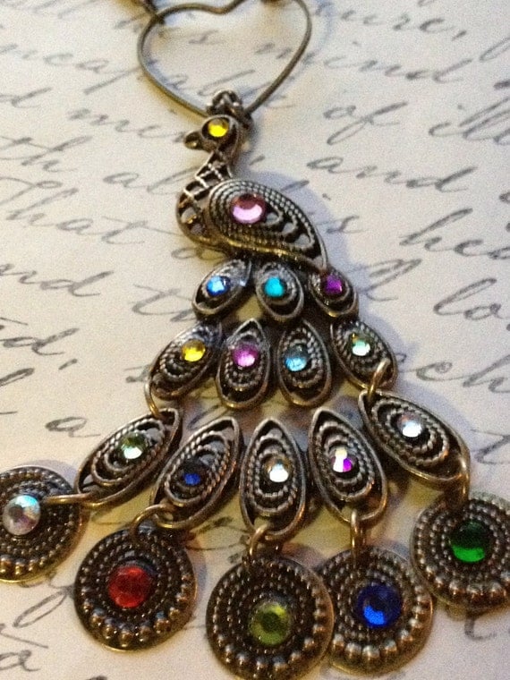 Jewelry Necklace Antique Gold Metal Peacock with Rhinestuds Womens Necklace