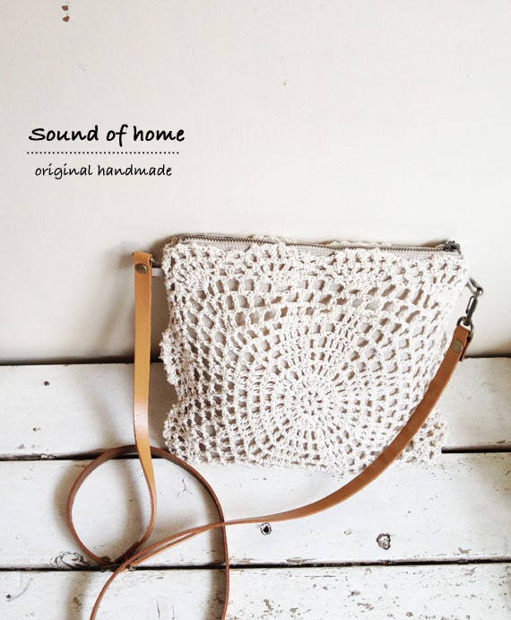 Linen crochet doily 2 way messenger bag leather mori girl shabby chic handmade zakka