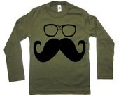 Kids Mustache Wayfarer Glasses Long Sleeved Boy T Shirt - American Apparel Childrens Tshirt - Kid Sizes 2 4 6 8 10 and 12 (7 Color Options)