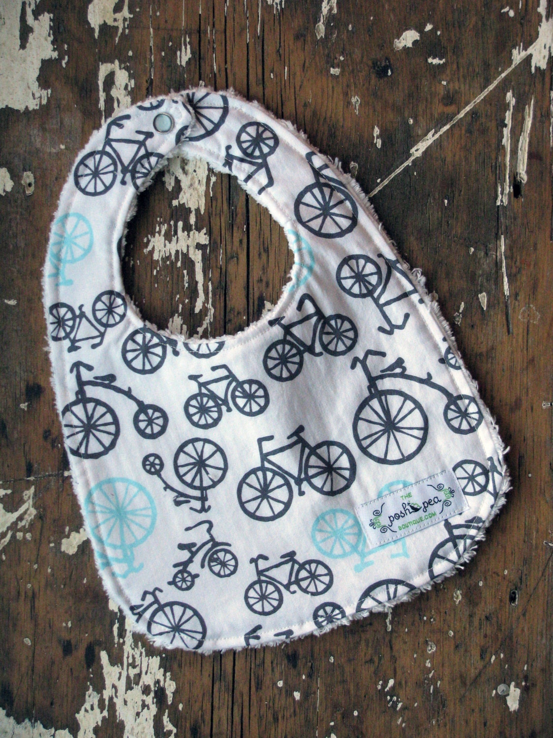 Boy Baby Bib - Bicycles in Grey & Aqua - Chenille Baby Bib - YOUR CHOICE of white or grey