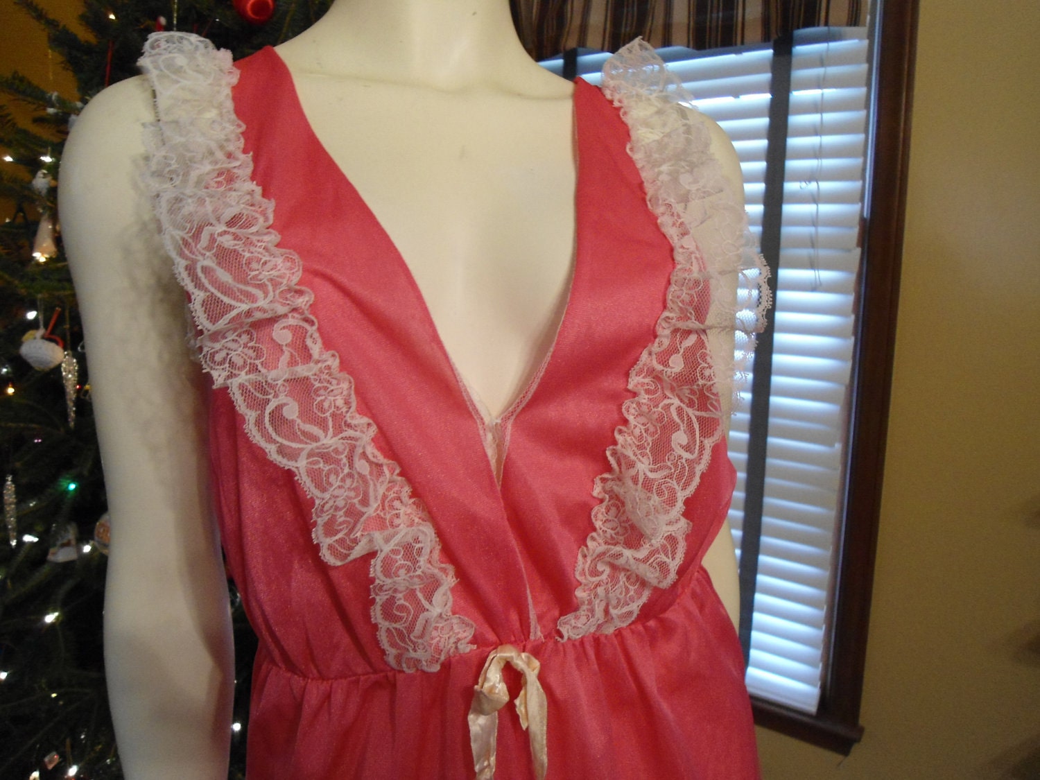 Medium Hot Pink and White Lace Vintage Baby Doll Teddy by Elizabeth of New York