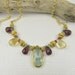 Gemstone Necklace, Moss Aquamarine Bezel Set in 18kt Gold Vermeil, Citrine, Garnet and 22kt Gold Plated Rings and a 14kt Gold Filled Chain