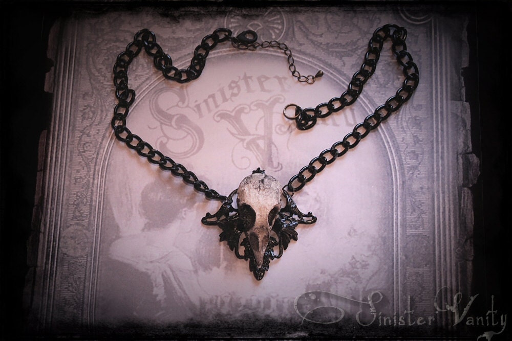 Gothic Necklace Bird Skull Black Filigree Openwork Chained Jewelry Necklace