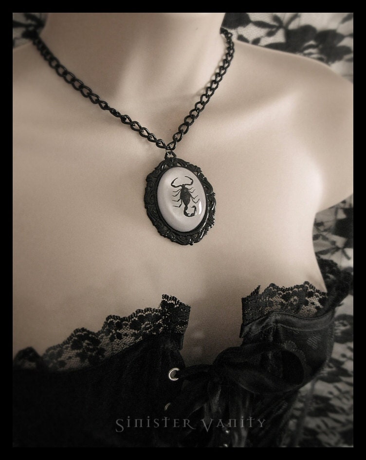 Gothic Necklace Goth Cameo Scorpion Black and White Jewelry