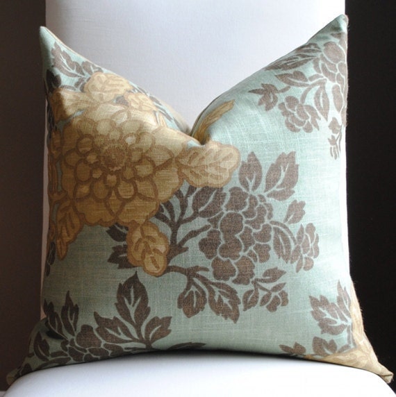NEW Decorative Linen Pillow Cover-20x20-Designer Fabric-Floral-Throw-Accent Pillow-Green-Taupe-Gold