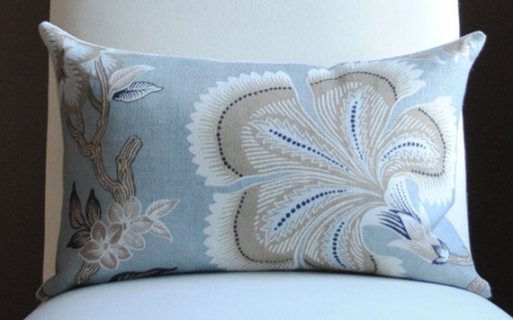 NEW Beautiful FLORAL Decorative Pillow Cover- Hot House Flowers-12x18-LINEN-Throw Pillow-Accent Pillow-Blue-Beige-cream