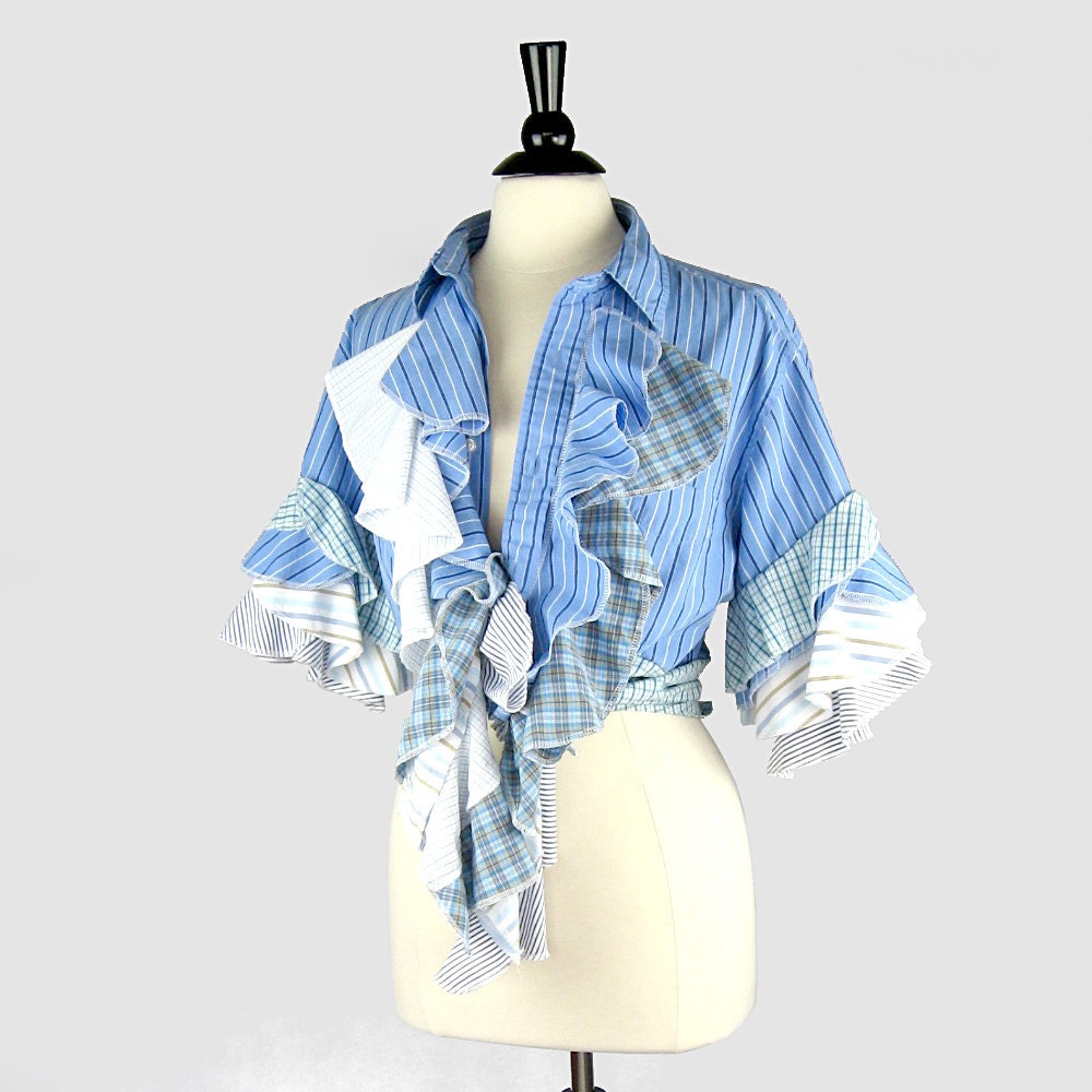 Country Star Fun ruffled blue and white top