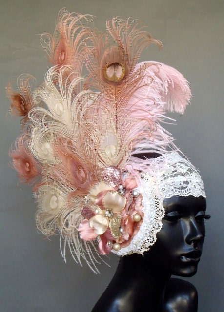 MADE TO ORDER Pink & Ivory Peacock Feather Headdress
