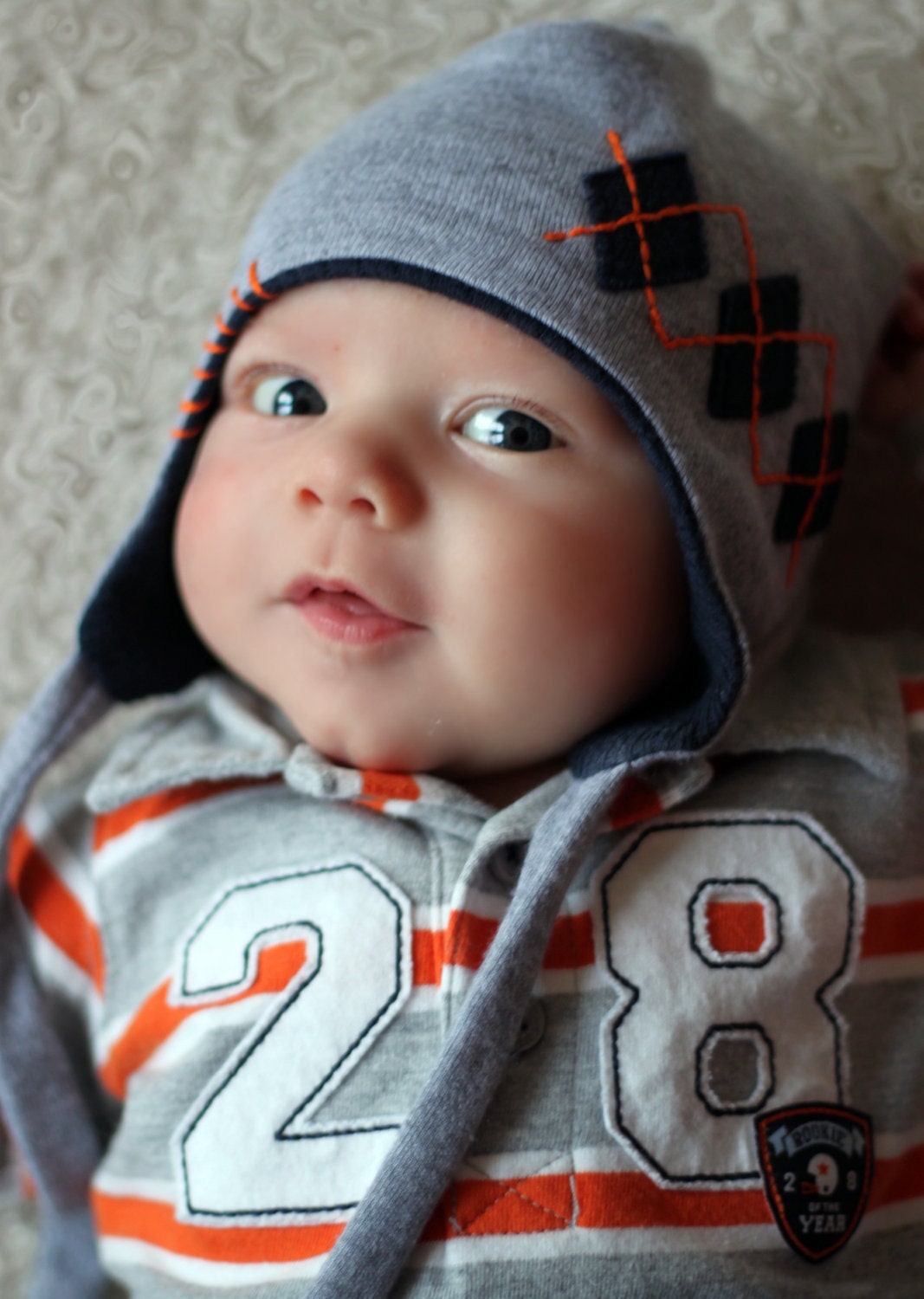 READY To SHIP, free shipping, the EVAN beanie in light grey with navy lining and orange stitching, size newborn or 6-12m
