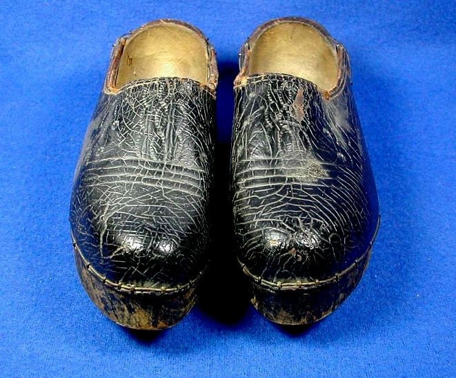 Antique Clog Shoes for Child or Small Feet Handmade Carved Wood Leather Wire