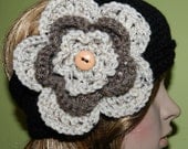Hand Knit Womens Headband Head Warmer Headwrap Black Headband with  Earth Colors Oatmeal big flower