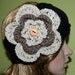 Hand Knit Womens Headband Head Warmer Headwrap Black Headband with  Earth Colors Oatmeal big flower