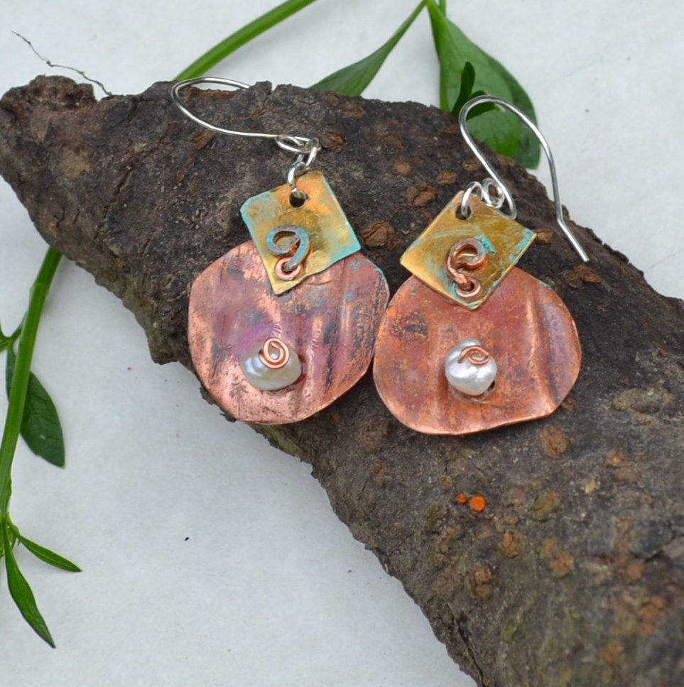Copper Patina Earrings - Pearl - Brass - Sterling
