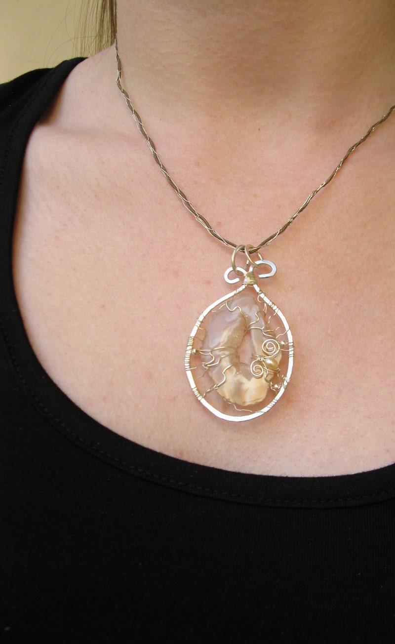 Druzy Geode Agate Pendant - Sterling Silver - Wire Wrapped & Crocheted Cord with Silver Wire, Fine Jewelry