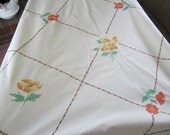 Vintage 64" Round Handmade Embroidered Cross Stitch Table Cloth - D89