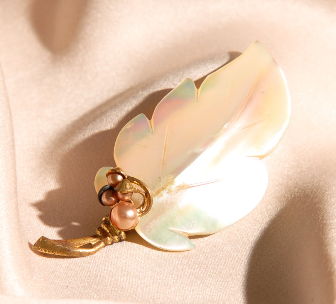 1950s Mother Of Pearl Leaf Brooch, Pin