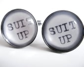 Unique SUIT UP Cufflinks using Real Vintage Typewriter Text- Mens Fashion Black and White Cuff Links- How I Met Your Mother Gift for Him
