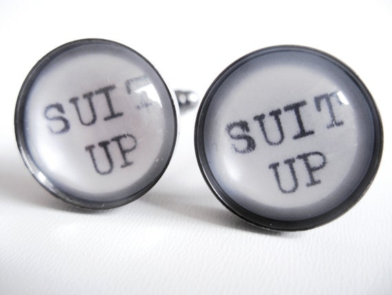 Unique SUIT UP Cufflinks using Real Vintage Typewriter Text- Mens Fashion Black and White Cuff Links- How I Met Your Mother Gift for Him