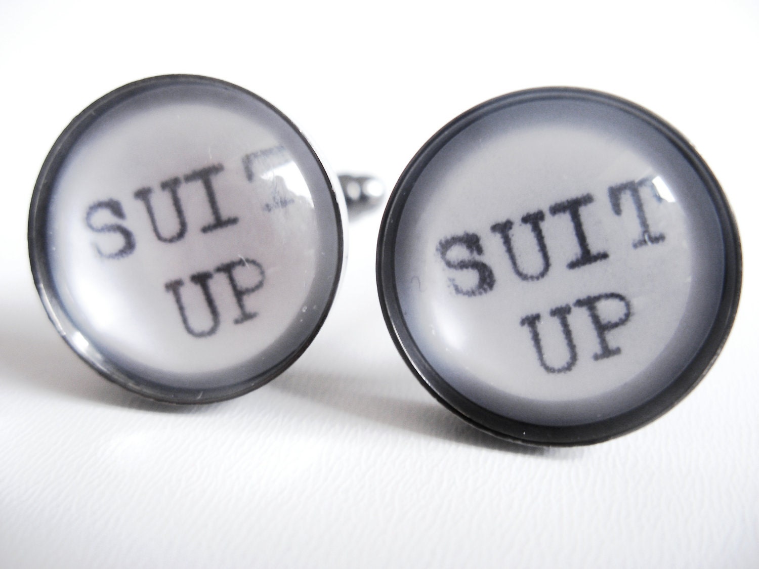 Unique SUIT UP Cufflinks using Real Vintage Typewriter Text- Mens Fashion Black and White Cuff Links- How I Met Your Mother Gift for Him