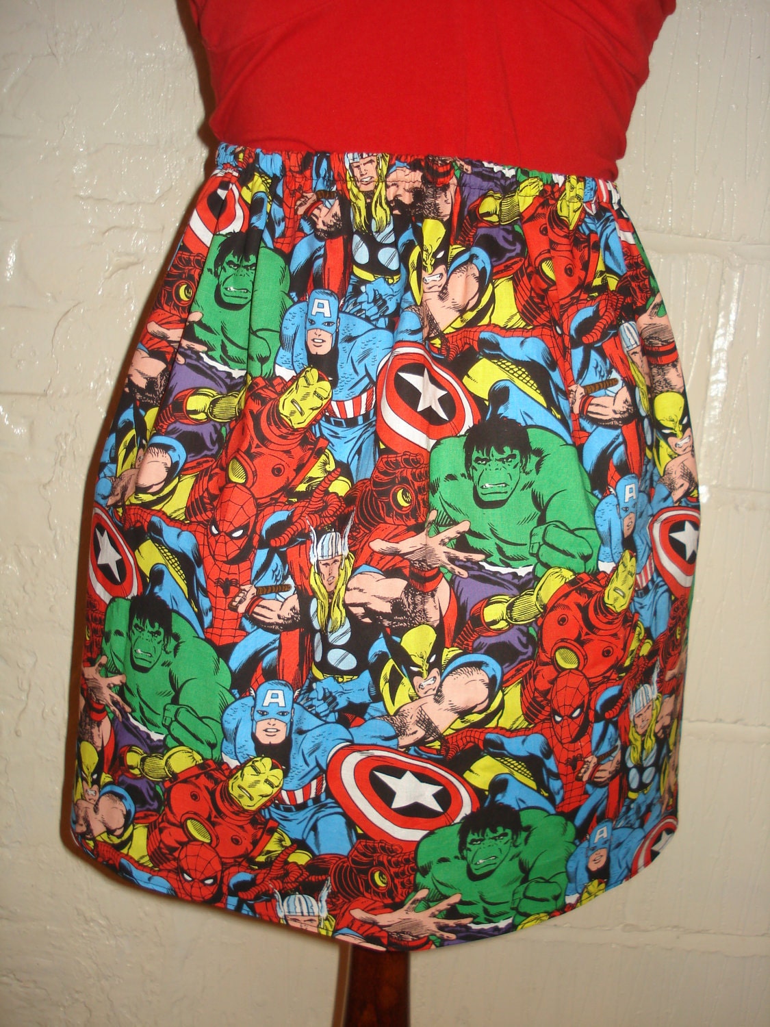 LAST ONE - Small Print Avengers Mini Skirt with Hulk, Captain America, Thor, Spiderman, Iron Man, Wolverine- High Waisted Ladies - Handmade