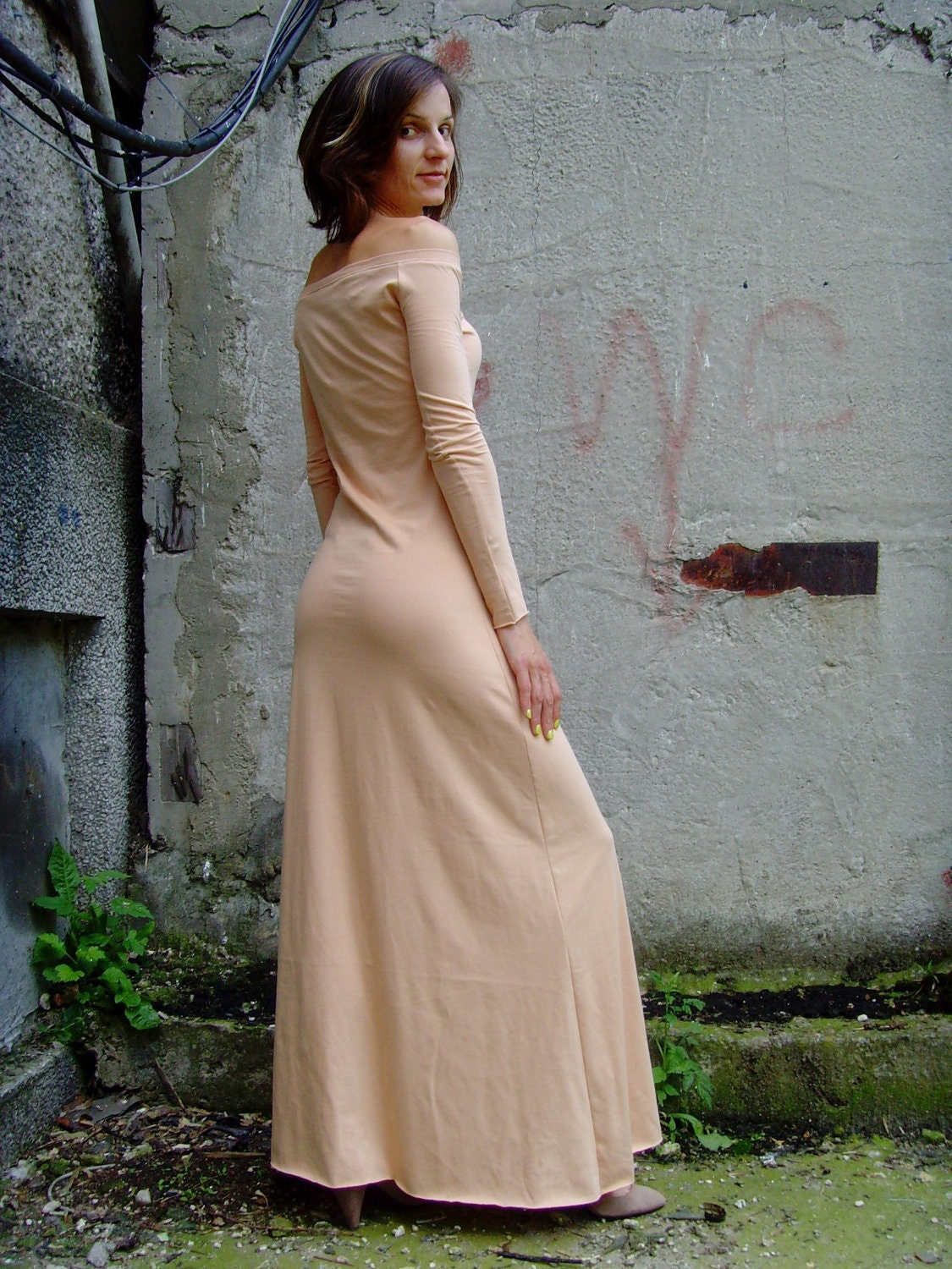 10% discount CUSTOM MADe Eco Friendly Sexy Feminine Handmade Maxi Long Tight Dress Off Shoulder In Tan Brown Beige
