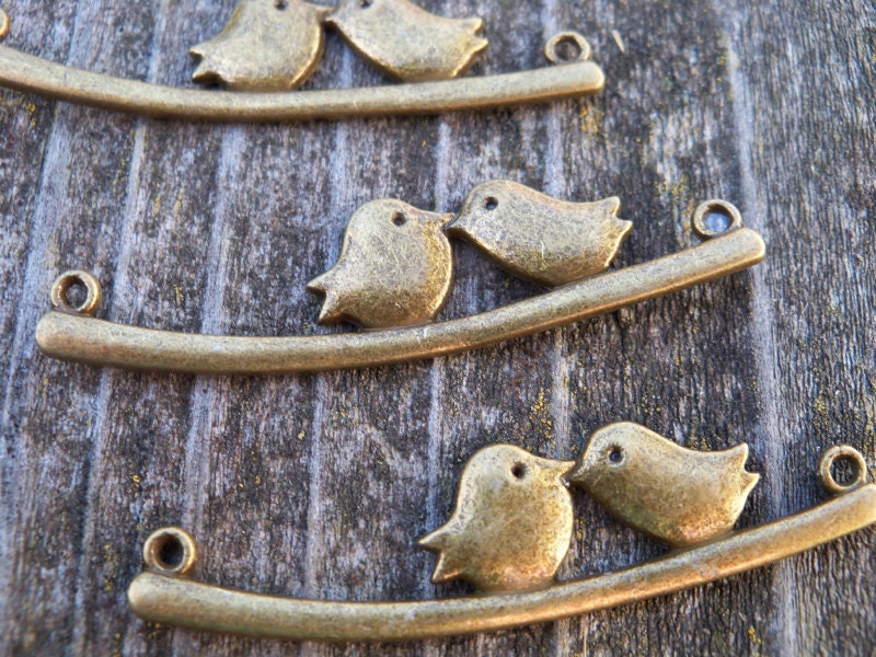 Antiqued Bronze, Love Birds on Branch Connector Charms, 5 pcs