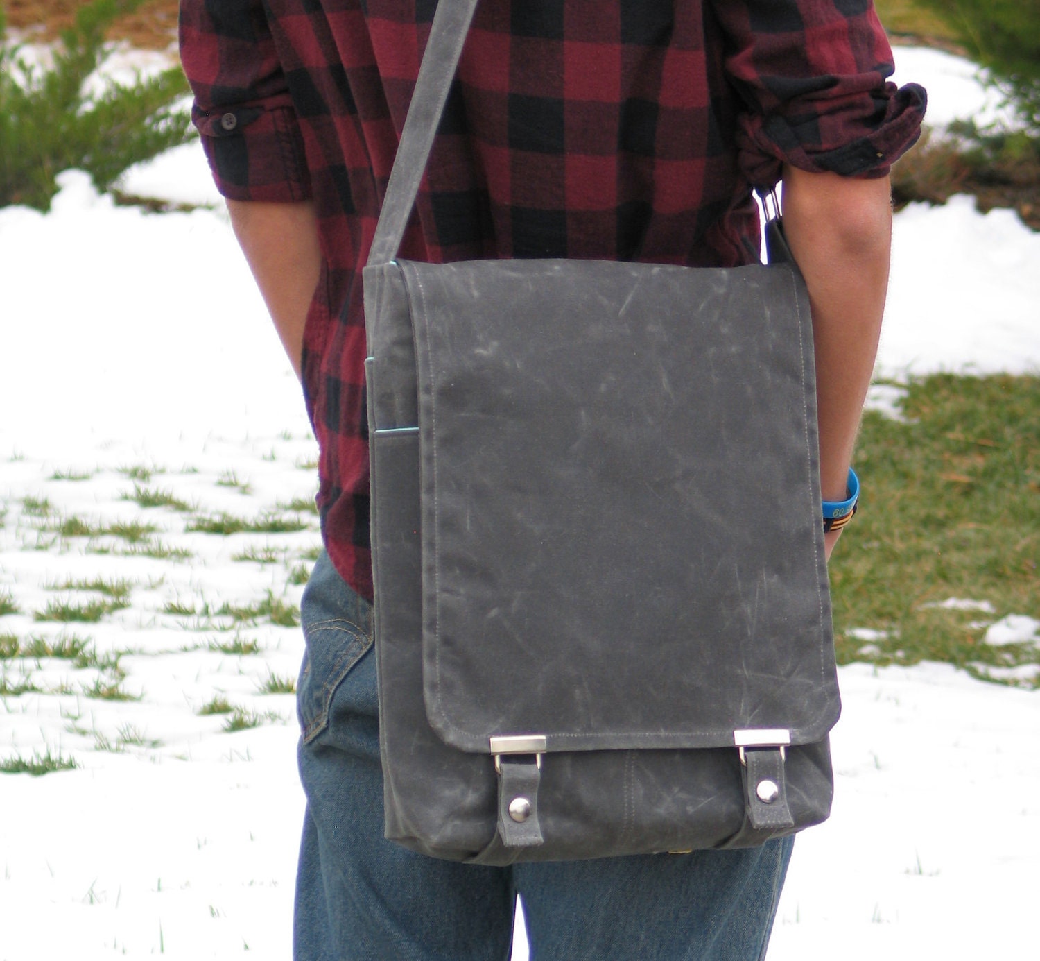 The Satchel- in Gray Waxed Canvas and Aqua Canvas Lining- Messenger for Men and Women