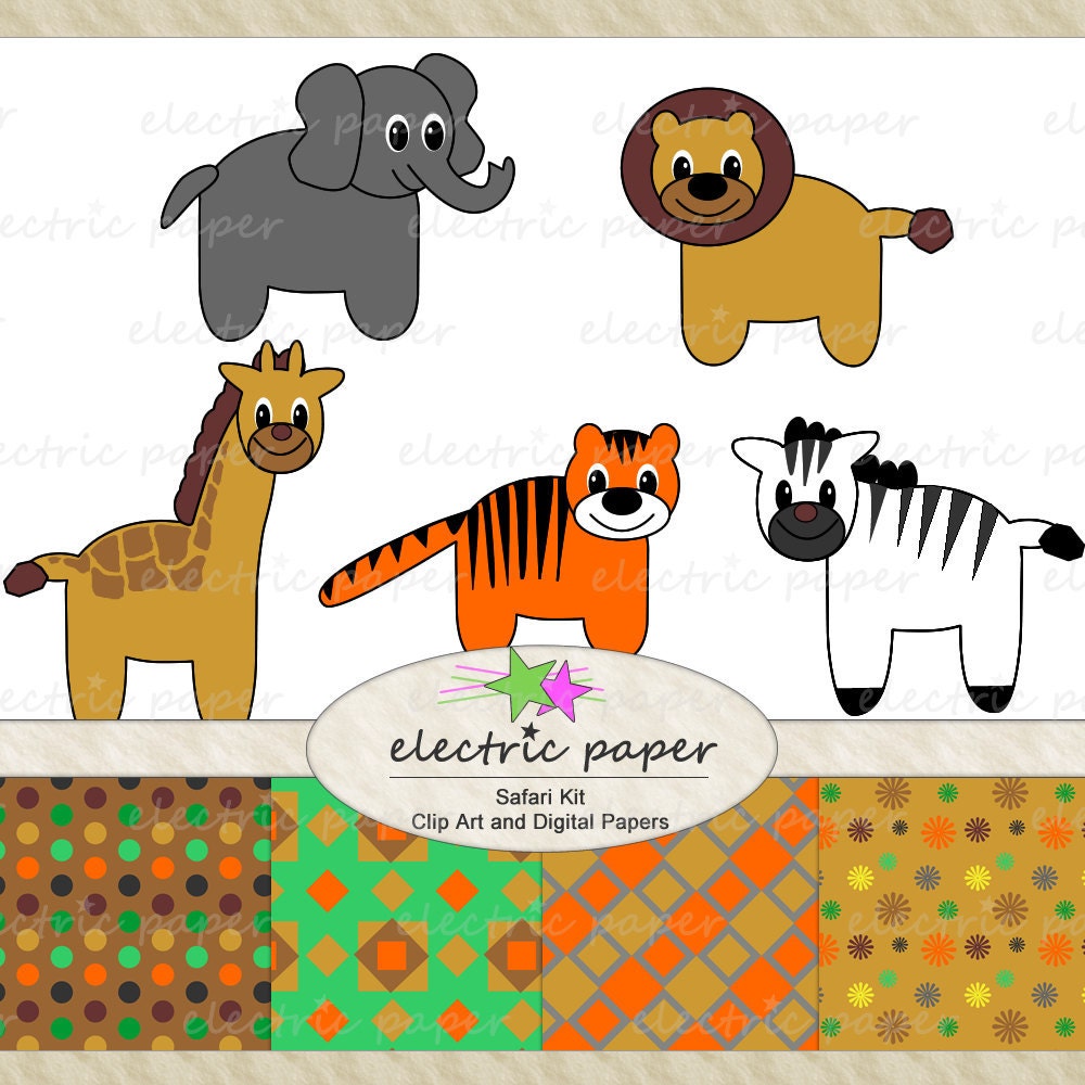 Safari Kit - 5 Clip Art Animals, 4 Coordinating Digital Papers - Giraffe, Zebra, Tiger, Elephant, Lion