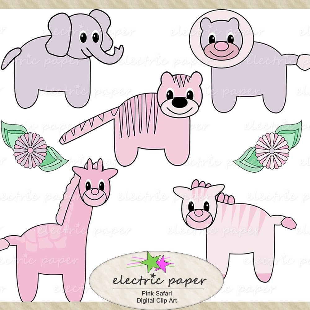 Pink Safari Digital Clip Art - 7 files  300dpi  png format- Tiger, Elephant, Lion, Giraffe, Zebra