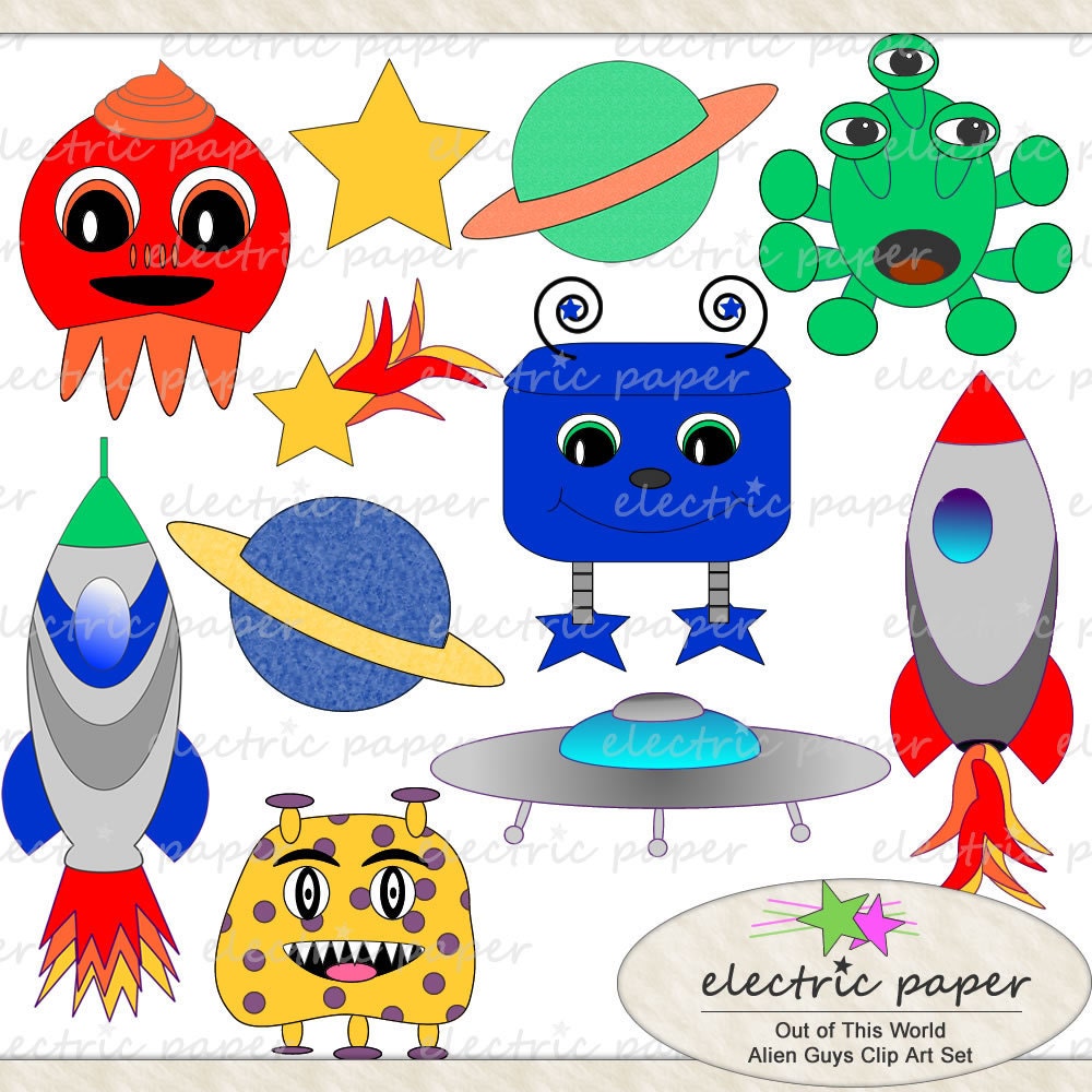 Out of this World Space Alien Guys Clip Art - cute aliens, rocket ships, flying saucer, stars, planets