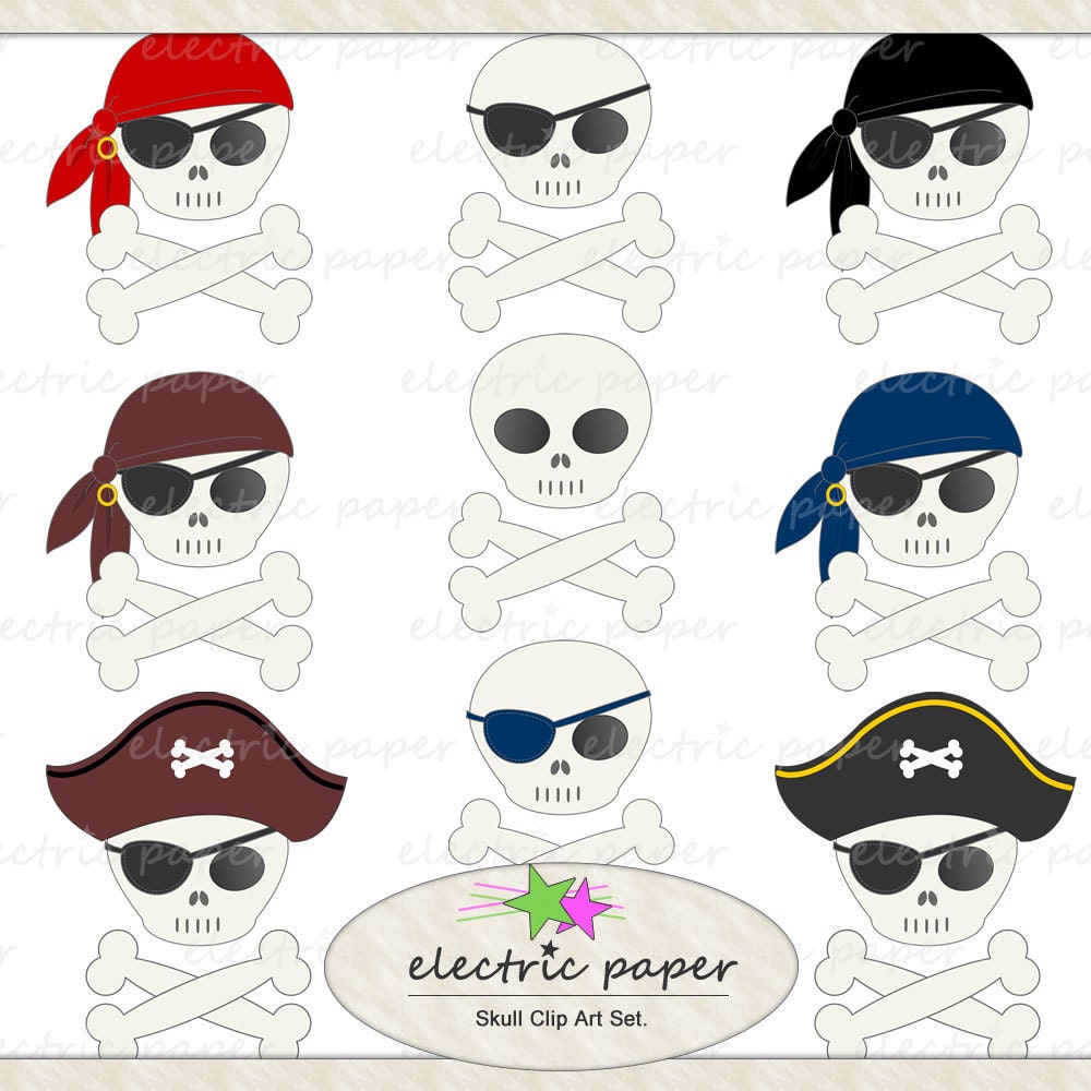 Cute Skull Clip Art Set - 9 Pirate Skulls - Instant Download