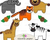 Safari Animals - Digital Clip Art Set - Lion, Zebra, Giraffe, Tiger, Elephant