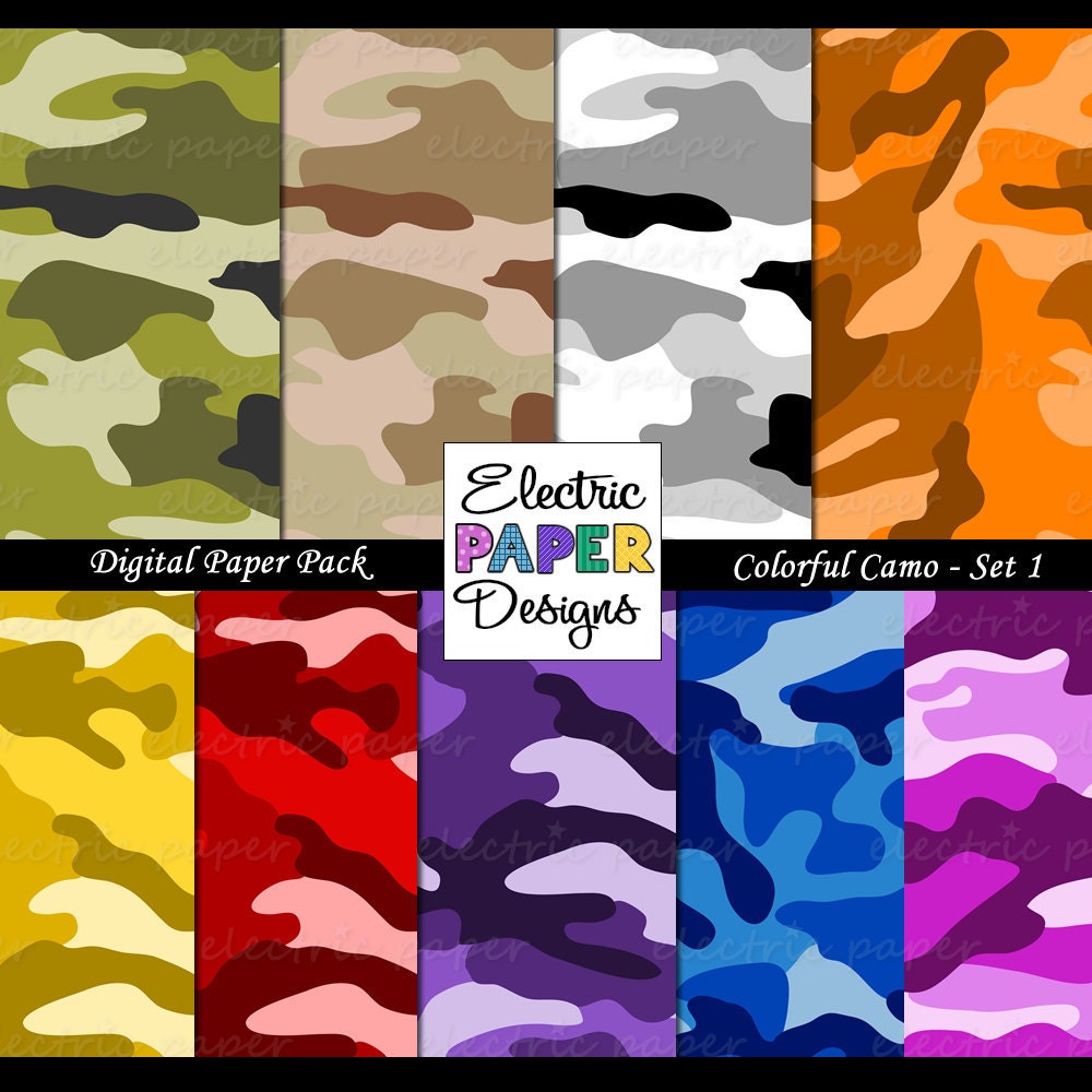 Camo Paper - Camouflage Printable Paper - Instant download - Set 1 - Green Brown Black Pink Red Orange
