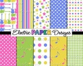 Rock n Roll Electric Gutiar Digital Paper Set - Bright Pink Blue Green and Yellow - Instant Download