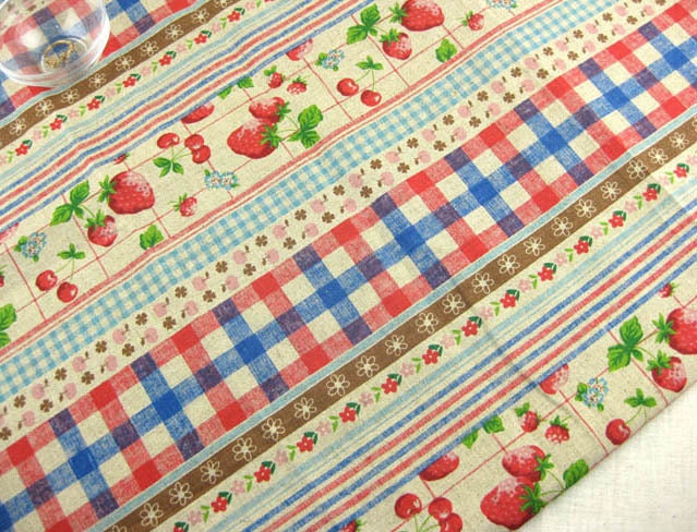 L030C - Cotton Linen Fabric - Stripe - Strawberry, Cherry, Apple and Lattice - light blue - 21" x 19" (55x50cm)