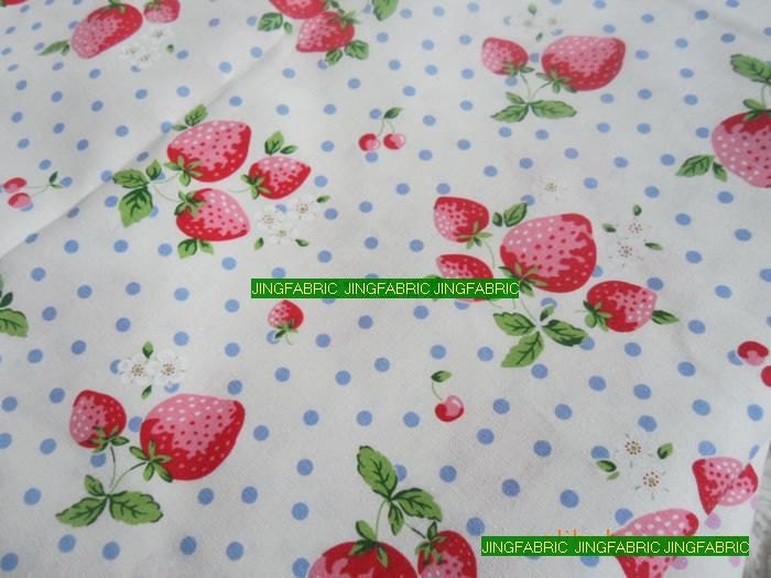 L037B -  Cotton Linen Fabric - Strawberry and Dot  - Blue  dot -21" x 19" (55x50cm)