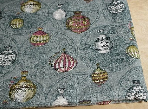 L038B - Cotton Linen Fabric - Vintage hot air balloon - Dark green -21" x 19" (55x50cm)
