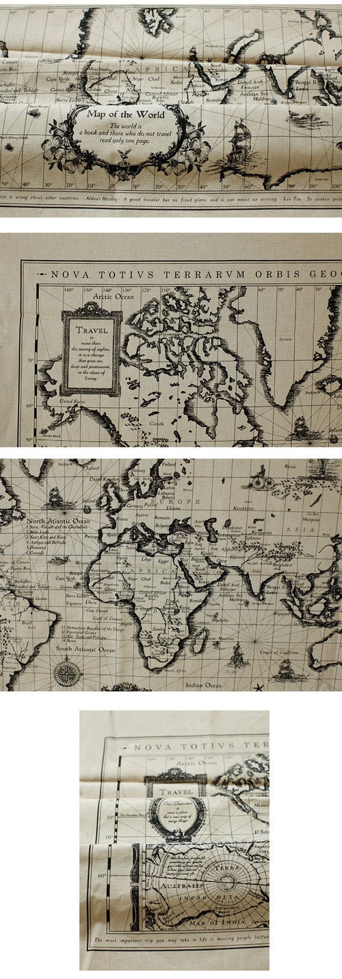 L901 - Retro Cotton Linen Fabric - Antique World Map - 145cm x 71cm