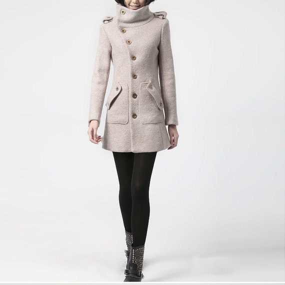 winter coat, pink wool coat long sleeves with pockets, winter jacket militory outerwear tailored coat ,Size XS,S,M,L,70% WOOL  (FM018)