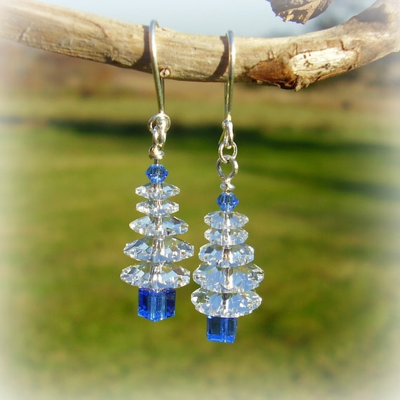 Christmas Jewelry Earrings - Swarovski Tree in Clear Crystal and Blue