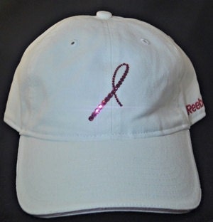 Womens Bling Breast Cancer Awareness White Hat Cap Made With World's Finest Rhinestone Crystals