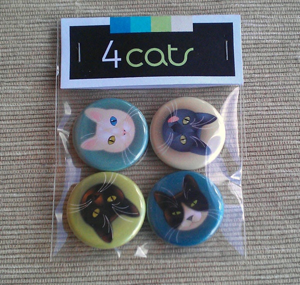 fashion pinback buttons - 1 inch diameter - "4 cats"